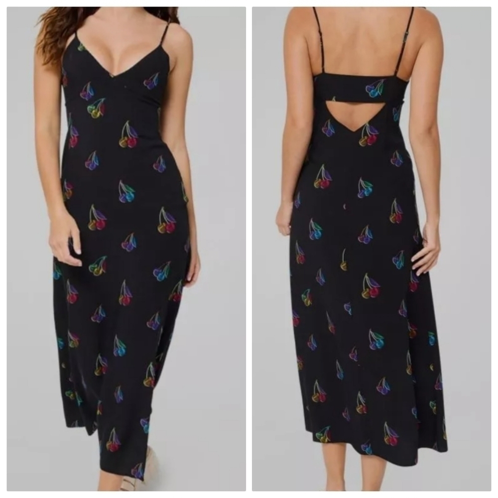 New TEREZ Halftone Cherry Print V-Neck Spaghetti Straps Black Maxi Dress NWT